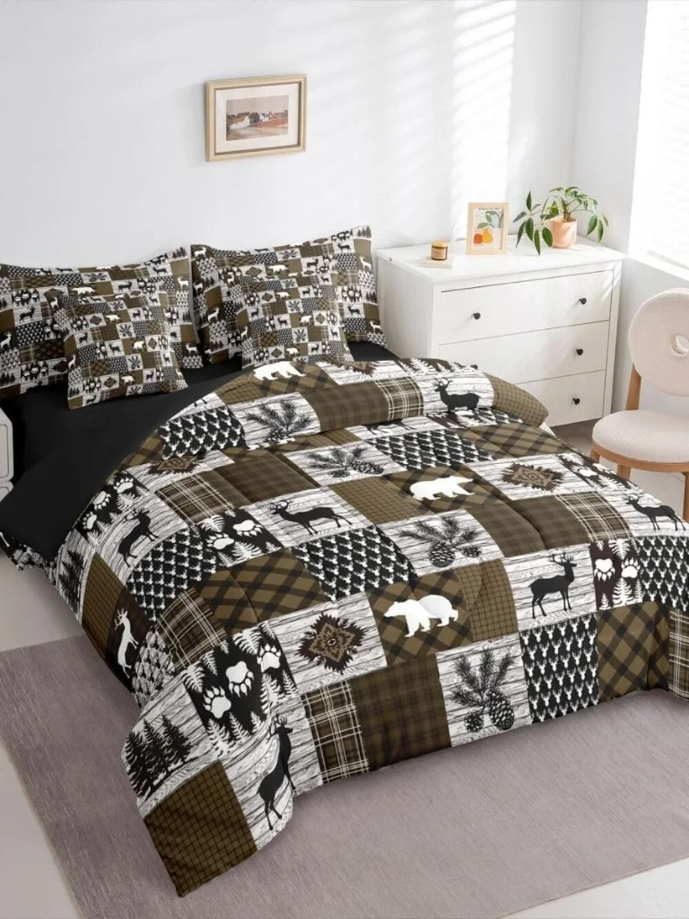 Lodge Plaid Comforter Set Queen Size 7 Pieces Bear Deer Bedding Set for Kids Boy